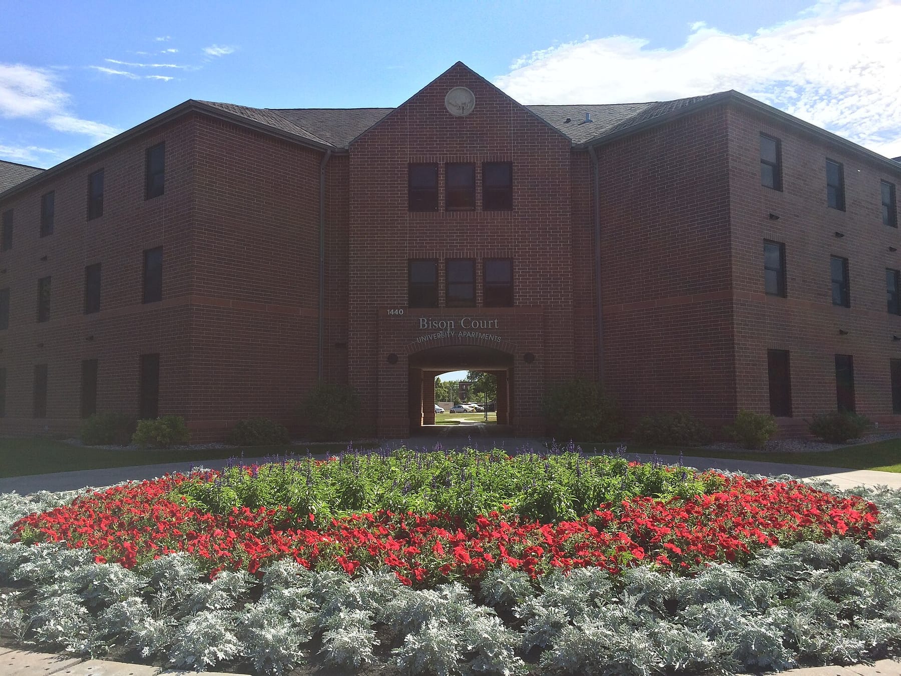 Entrance to Bison Court, one of the University Apartments (photograph from the Wikimedia Commons category North Dakota State University)