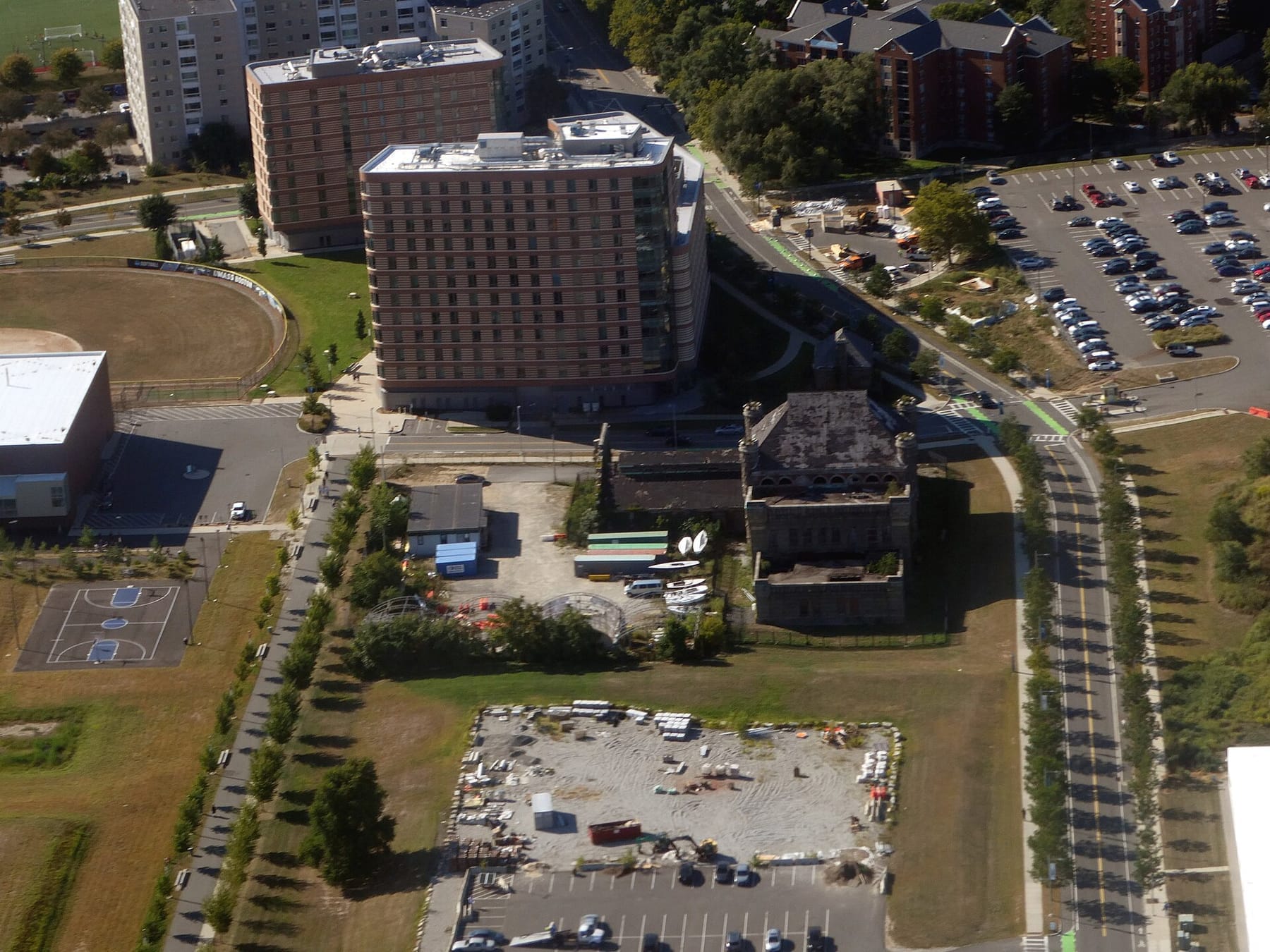 Aerial view of Calf Pasture Pumping Station and UMass buildings, September 2024 (photograph from the Wikimedia Commons category University of Massachusetts Boston)